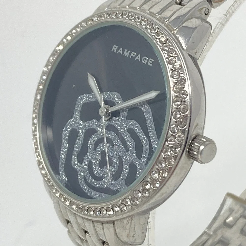 Rampage Womens Watch 36mm Floral Crystals Silver Tone Black Bling New Battery 8
